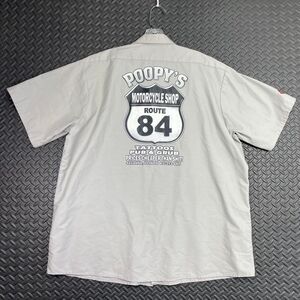 Vintage Poopy's Gray Motorcycle Shop 84 Tattoo Shop Button‎ Up Shirt Men's XXL